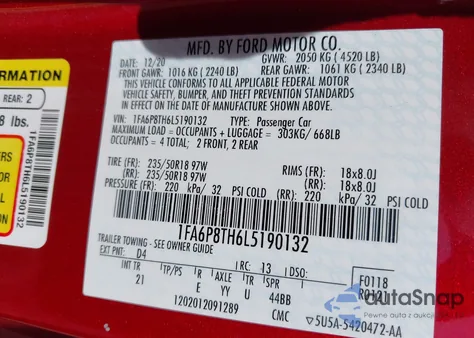 2020 Ford Mustang Ecoboost Fastback from USA, damaged, VIN 1FA6P8TH6L5190132